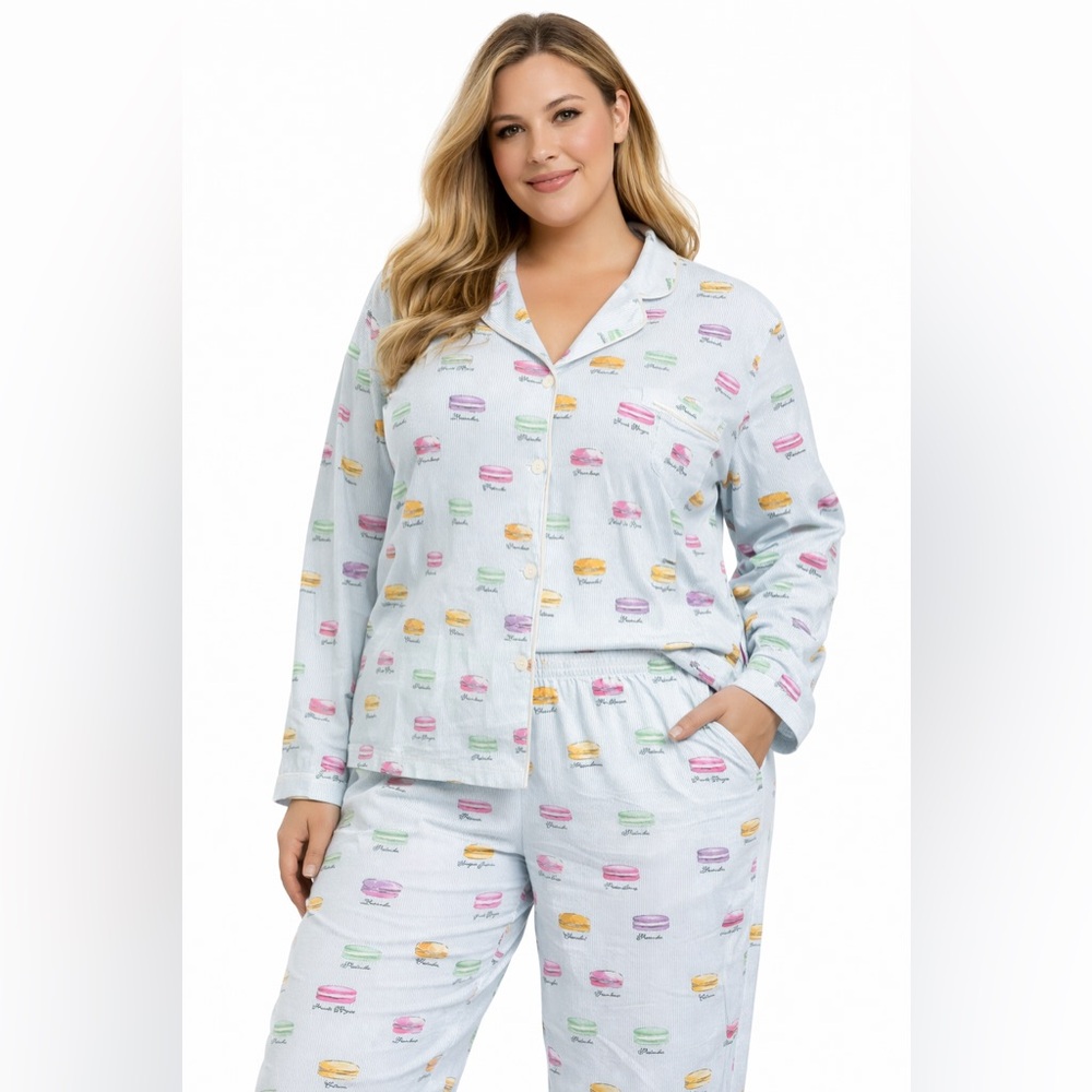 BedHead Pajamas 2X Macaron Print Pajama Set Blue Parisian Macarons PJs